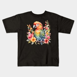 A parrot decorated with beautiful watercolor flowers Kids T-Shirt